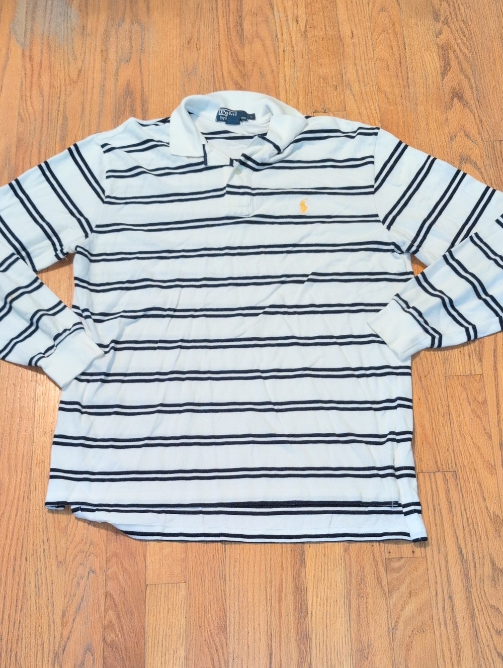 Polo by Ralph Lauren White and Navy Striped Long-Sleeve Polo with Yellow Pony